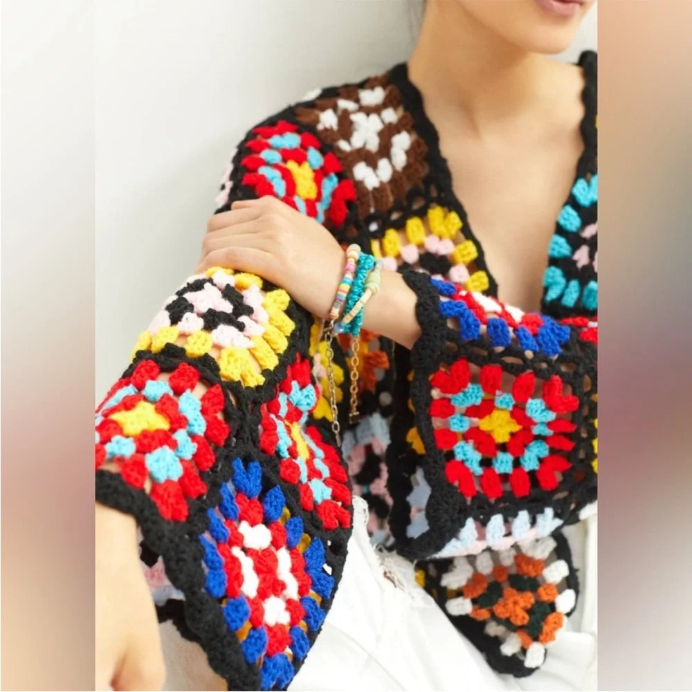 NWT BY ANTHROPOLOGIE Colorblocked Granny Square Crochet Cardigan Black One Size - Picture 12 of 12